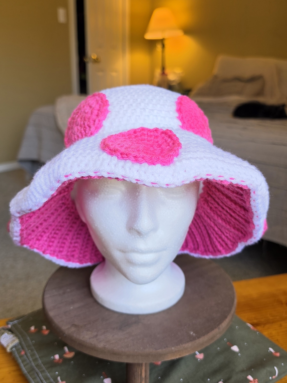 White and Pink Crochet Mushroom Cap Hat
